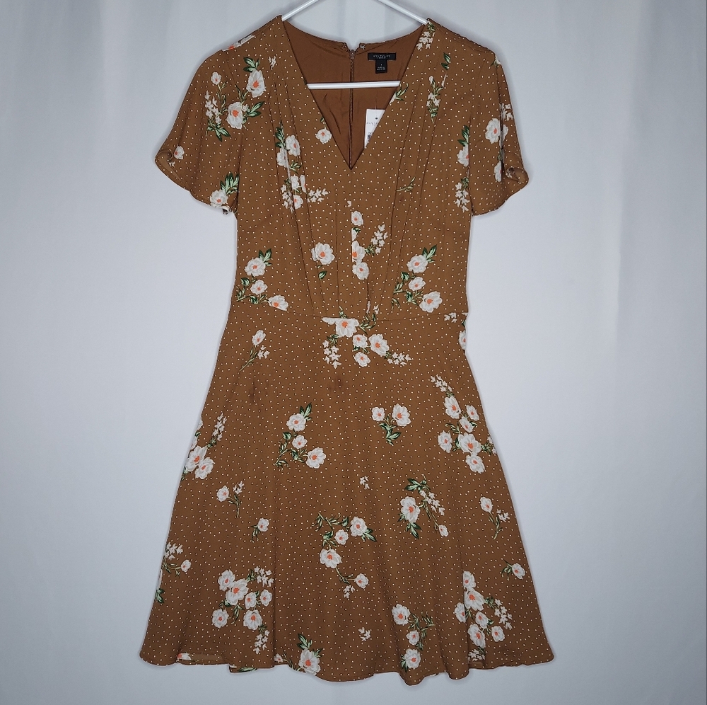 Ann Taylor Dress 2 Brown Polka Dot Floral Short Flutter Sleeve Tie Back Retro